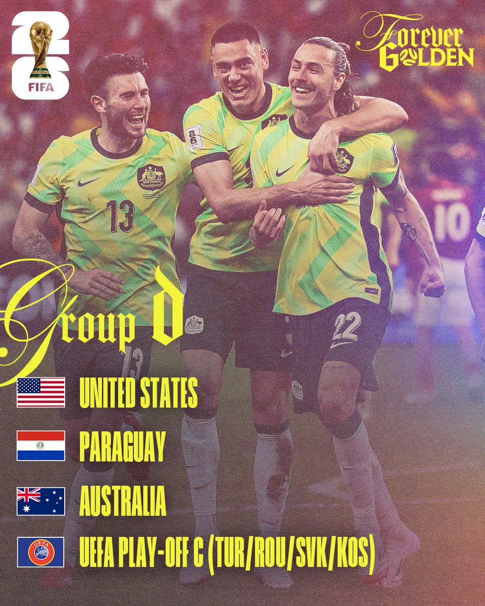 🔒 CONFIRMED: Our Group Stage opponents for the #FIFAWorldCup 2026 have been revealed. 

🇺🇸 United States
🇵🇾 Paraguay
🇦🇺 Australia 
🇹🇷/🇷🇴/🇸🇰/🇽🇰 Turkiye / Romania / Slovakia / Kosovo

#Socceroos #ForeverGolden