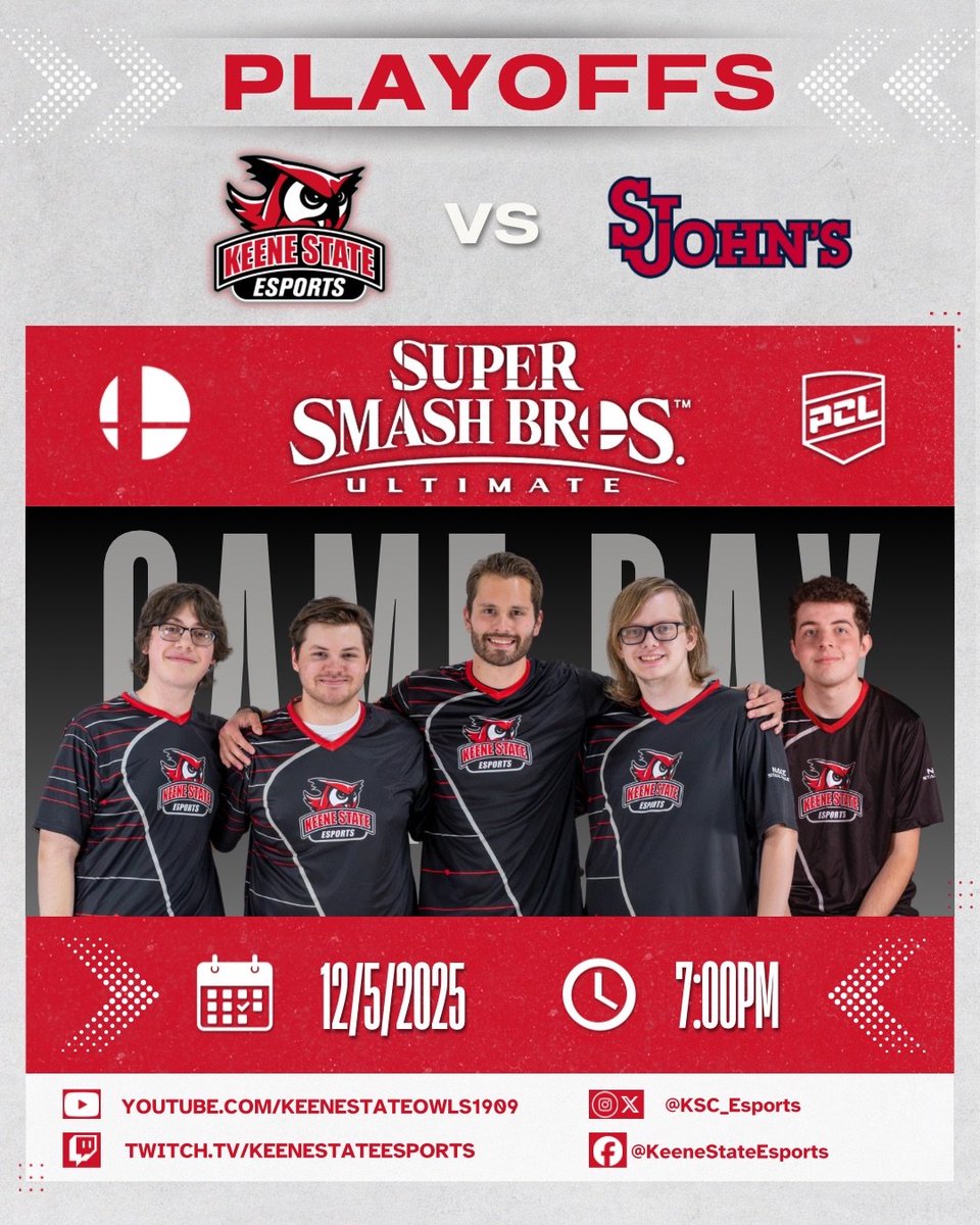 TONIGHT AT 7!
Keene State Super Smash Bros. takes on St. John's in the <a href="/playvs_college/">PlayVS College League</a> Ranked 1 semifinals, with a berth in the divisional championship next week up for grabs!

Join us in-person in LLC 126 or watch live at Twitch.tv/KeeneStateEspo…!

LET'S GOO!

#OwlsAreOP🦉