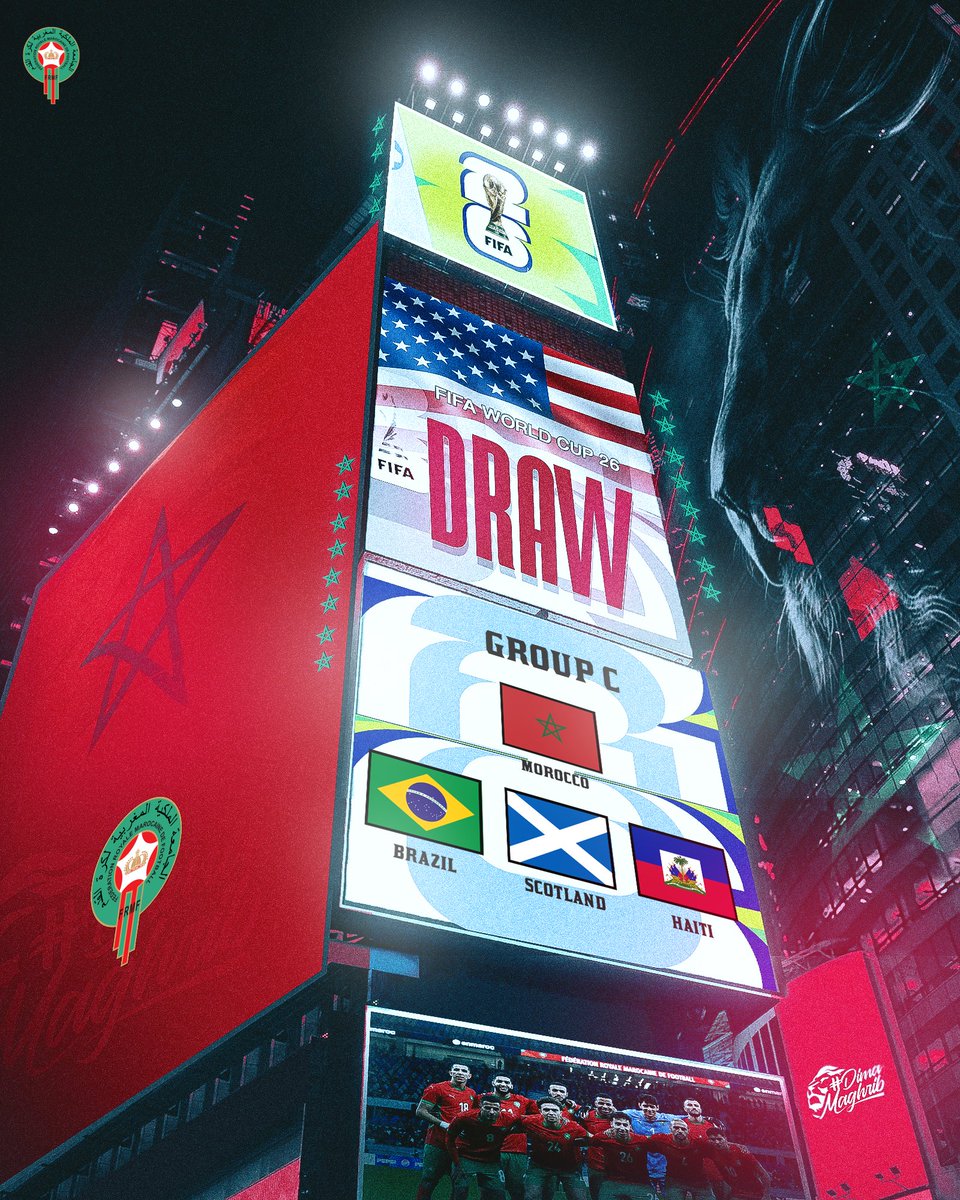 EnMaroc's tweet image. قرعة كـــــأس الـــعـــالــم FIFA 2026™ : المغرب في المجموعة الثالثة إلى جانب كل من البرازيل، اسكتلندا و هايتي

 🚨𝗙𝗜𝗙𝗔 𝗪𝗼𝗿𝗹𝗱 𝗖𝘂𝗽 𝟮𝟬𝟮𝟲™ Draw : Morocco in Group C with Brazil 🇧🇷, Scotland 🏴󠁧󠁢󠁳󠁣󠁴󠁿 &amp;amp; Haiti 🇭🇹

#DimaMaghrib 🇲🇦