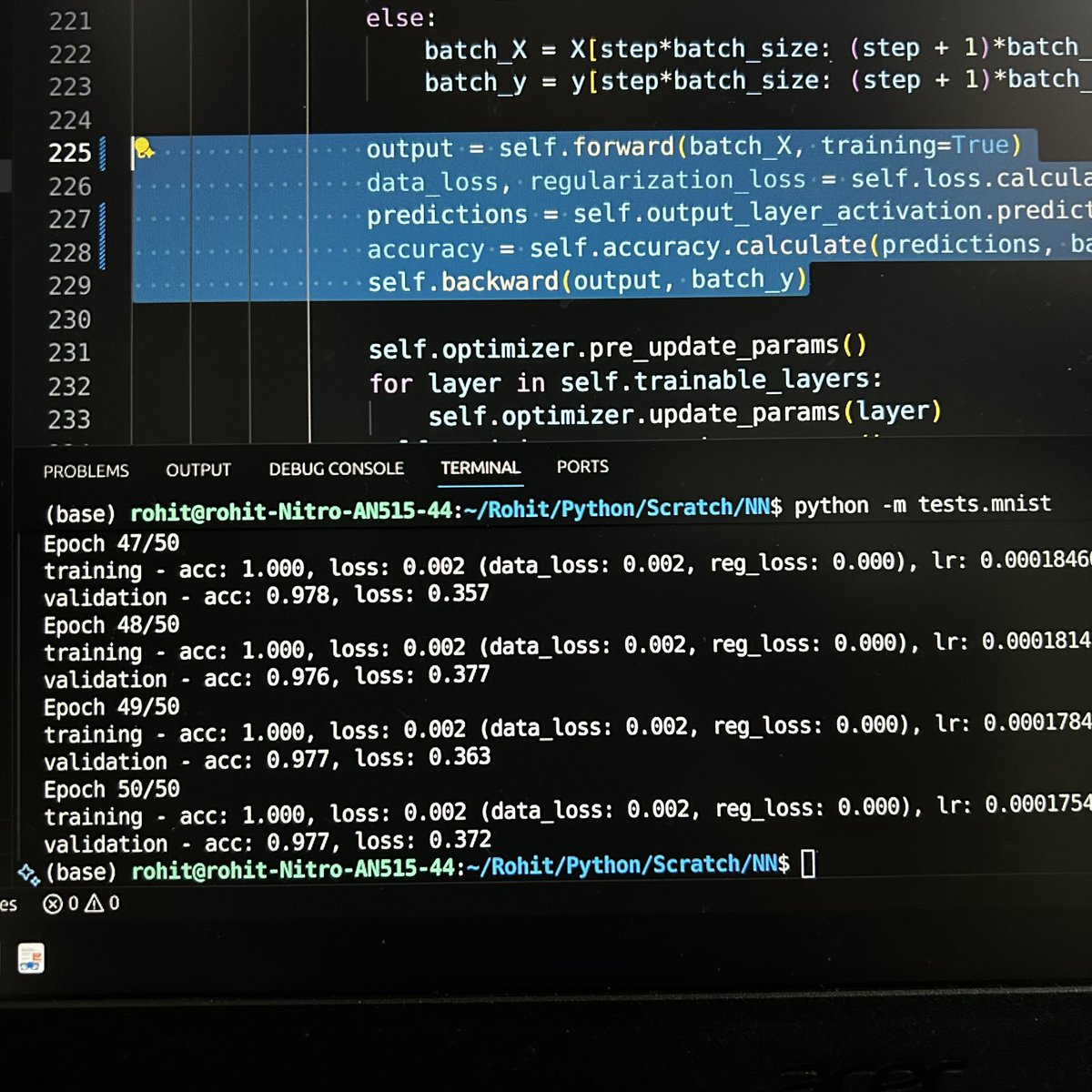 rohit_____04's tweet photo. Day 10 : Deep Learning from scratch 

“ pip install ronet”

Completed the library to implement neural nets✅
Successfully trained a model on MNIST dataset achieving 0.97 validation accuracy 🎯
Upload the package on PyPI 

https://t.co/66sW0Z1BML
https://t.co/Ri56oR3tpo https://t.co/d9kUNdIzsW