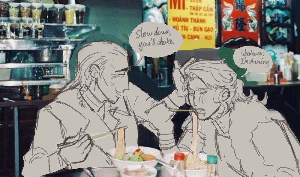 stupid doodle with coa 7 fredluchi but like its a modern au where they date and just travel together on luchino's car no apocalypse 😋