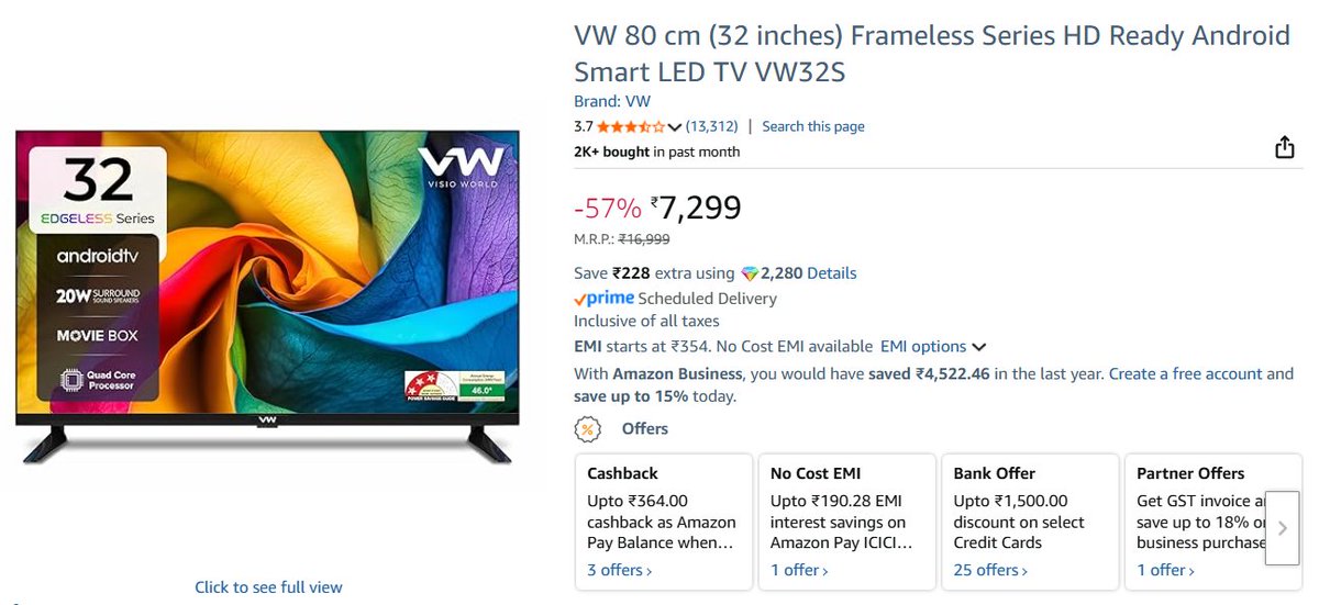 sjha514's tweet image. 📺🔥 Smart TV Deal at Just ₹7,299!
57% OFF on VW 32” Frameless Android Smart LED TV (VW32S) 😍
Android TV | 20W Surround Speakers | Movie Box | Quad-Core Processor 💯

🛒 Grab this Amazon Deal 👇
amzn.to/4oFB4w9

Follow to get more Such Deals 
#SmartTV #ledtvs