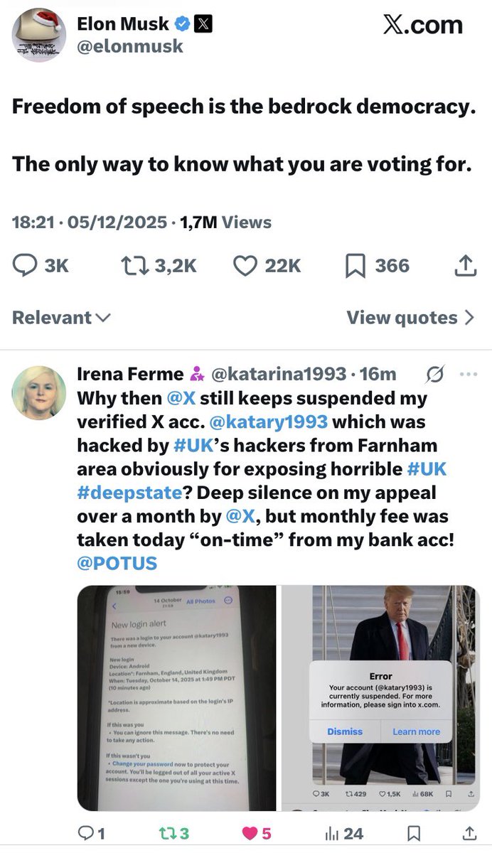 M5742034317's tweet photo. @elonmusk Why  then right @X does not support #FreedomOfSpeech, @elonmusk? @MrAndyNgo @bennyjohnson @WhiteHouse @MAGAVoice @JDVance @FLOTUS https://t.co/WMJOITAPCR