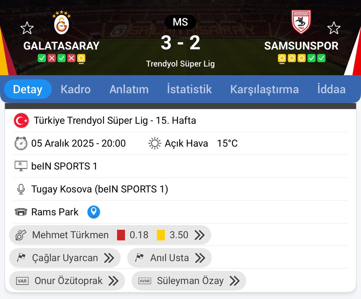 Fenerbahçe - Alanya maçında son dakika 2 penaltıya birden VAR’a çağırmayan Onur Özütoprak bugün de Samsunspor’un son dakika el pozisyonuna çağırmadı. Bir hakem bir takımdan iki puanı aldı diğerine iki puanı bağışladı. Bu adamın hakemliğinin bitirilmesi gerek.