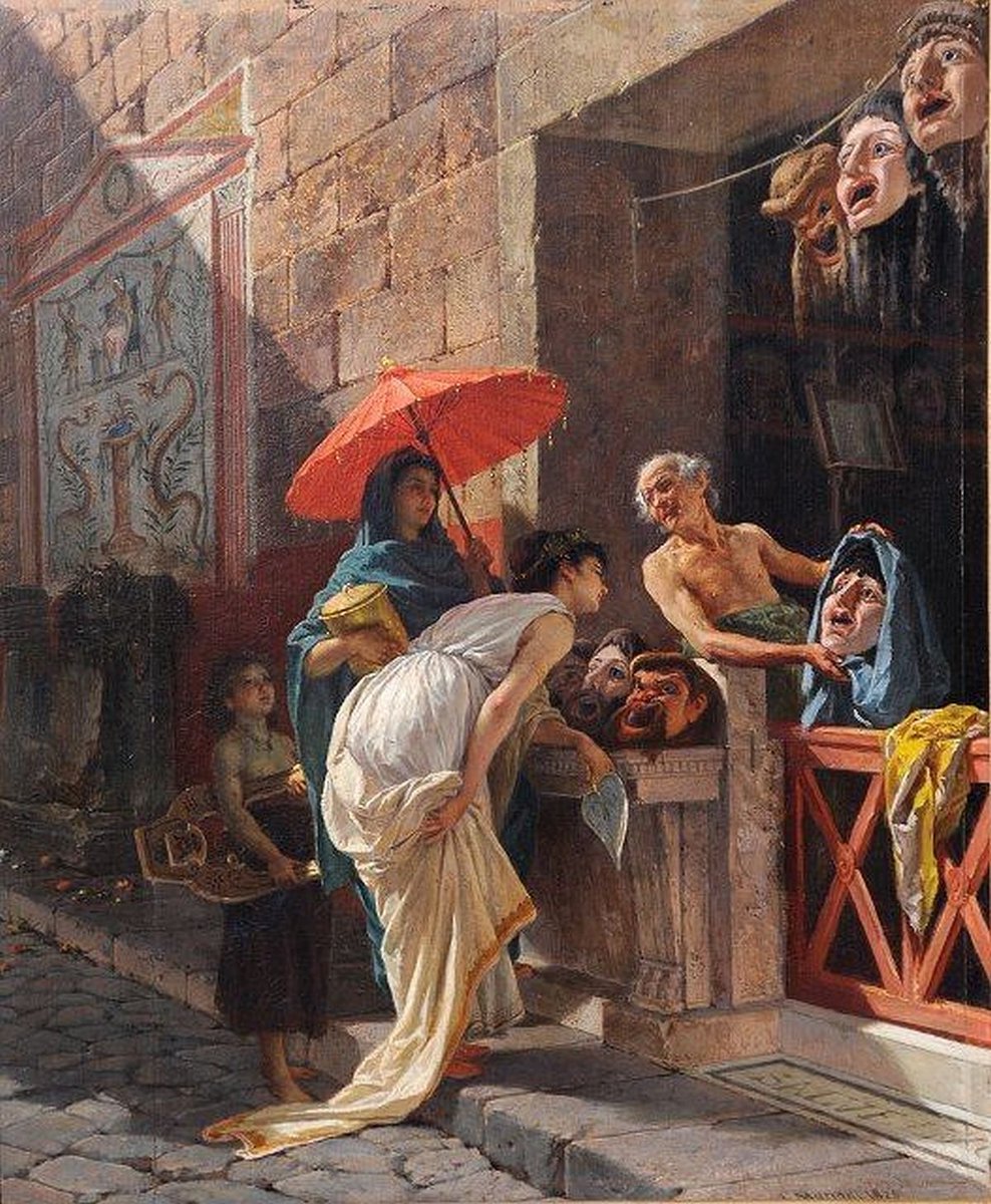 The Mask Seller, A Roman Street Scene, by Cesare Mariani (1875)
