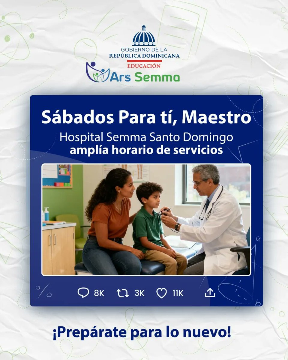 Continuamos fortaleciendo nuestra red de servicios, en esta ocasión el Hospital Semma Santo Domingo (@hospitalsemmasd) amplia su horario de servicios, con consultas sabatinas de 8:00 a.m hasta 1:00 p.m.