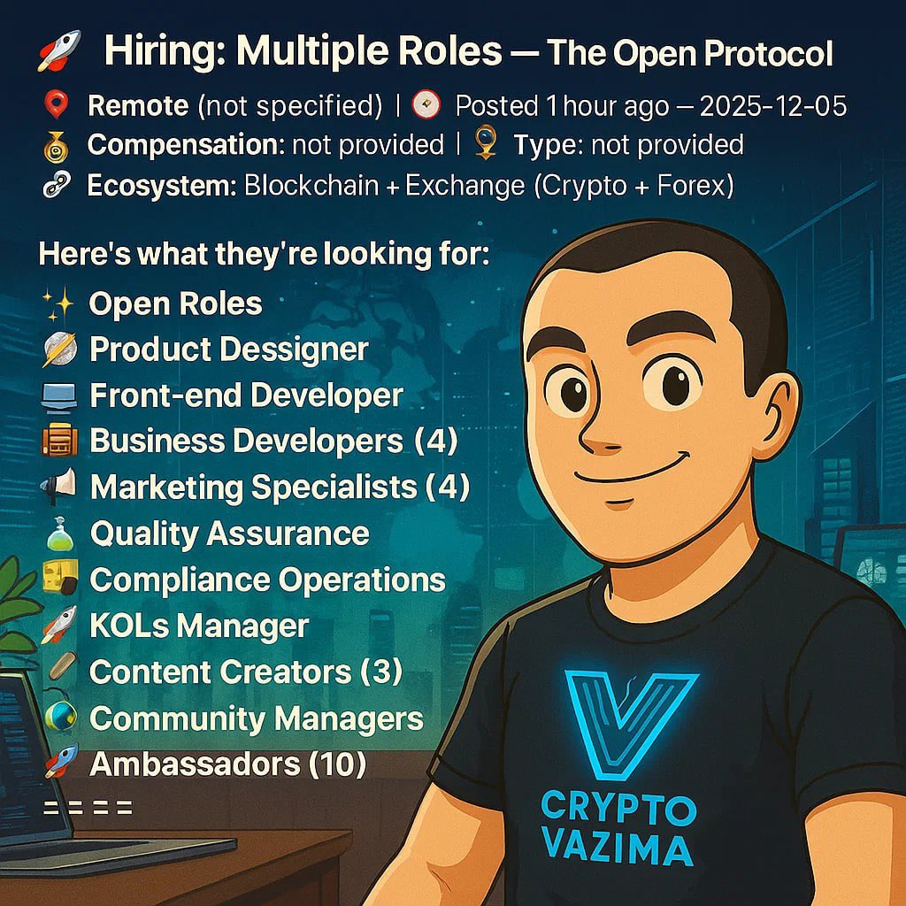 Xilfflix's tweet photo. The Open Protocol “TOP”, the exchange arm OpenX is looking at filling the roles in the images.

If you want to be a part of the startup ecosystem with opportunity to be a co-founder mail: theopenprotocol@gmail.com or DM me https://t.co/vghJiW1BCm