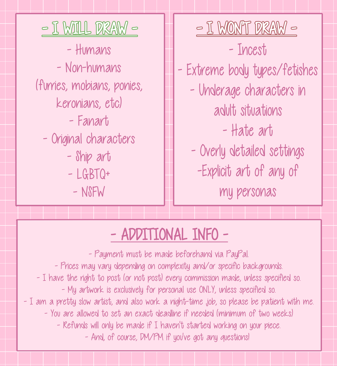 SolyPei's tweet photo. Updated my commission sheet! Now all the info is here in just two pictures!! 💗 Feel free to shoot a DM if interested!
#commission #commisionsheet #commisionsopen https://t.co/gy31vWhy9c