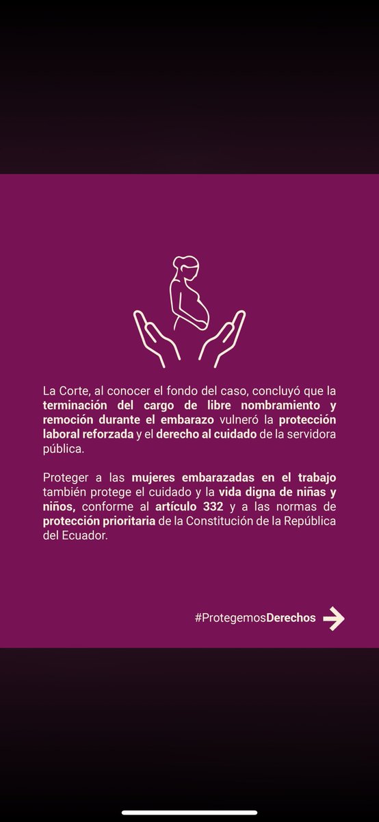 💫 Una sentencia más del derecho al cuidado. La Corte Constitucional emitió la sentencia 530-20-EP/25 respecto de la estabilidad laboral reforzada de mujeres embarazadas o en periodo de lactancia con cargos de libre nombramiento y remoción. 

Pese a que esto ya fue desarrollado