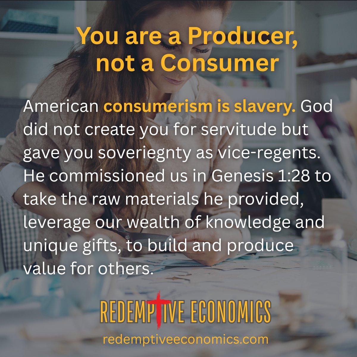 The mainstream narrative 📝 would have you believe you are a "consumer." 🛒🛍️ However, God created us first to be 🏗️ PRODUCERS, not consumers.

Learn more here...
redemptiveeconomics.thinkific.com/courses/Redemp…

#RedemptiveEconomics