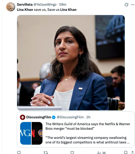 matthewstoller's tweet photo. Lina Khan is trending on Twitter and it's just people saying something along the lines of "Lina Khan would never let this Netflix deal happen" or "Save us Lina Khan" https://t.co/R8ciEK945b