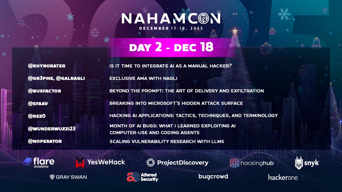 Only 5 days left until NahamCon Winter Edition ❄️
Workshops, deep dives, live Q&amp;A, and fresh research coming your way 🚀

📆 December 17 to 18
ℹ️ Check out what’s happening 👉🏼 nahamcon.com