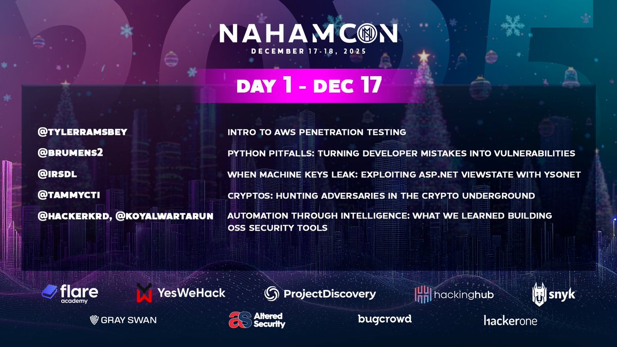 NahamSec's tweet photo. Only 5 days left until NahamCon Winter Edition ❄️
Workshops, deep dives, live Q&amp;A, and fresh research coming your way 🚀

📆 December 17 to 18
ℹ️ Check out what’s happening 👉🏼 https://t.co/X0JDmITf9W https://t.co/ASTVKKNZP9