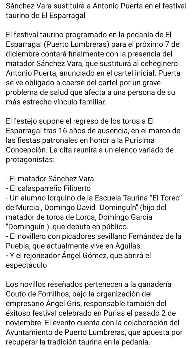frantrapiotoros's tweet photo. Sánchez Vara sustituye a Antonio Puerta en el festival de la pedanía de El Esparragal de Puerto Lumbreras (Murcia) del próximo domingo, 7 de diciembre.
▪️El torero de Cehegín se cae del cartel por un grave problema de salud que afecta a uno de sus familiares. https://t.co/D2DqF0OPOH
