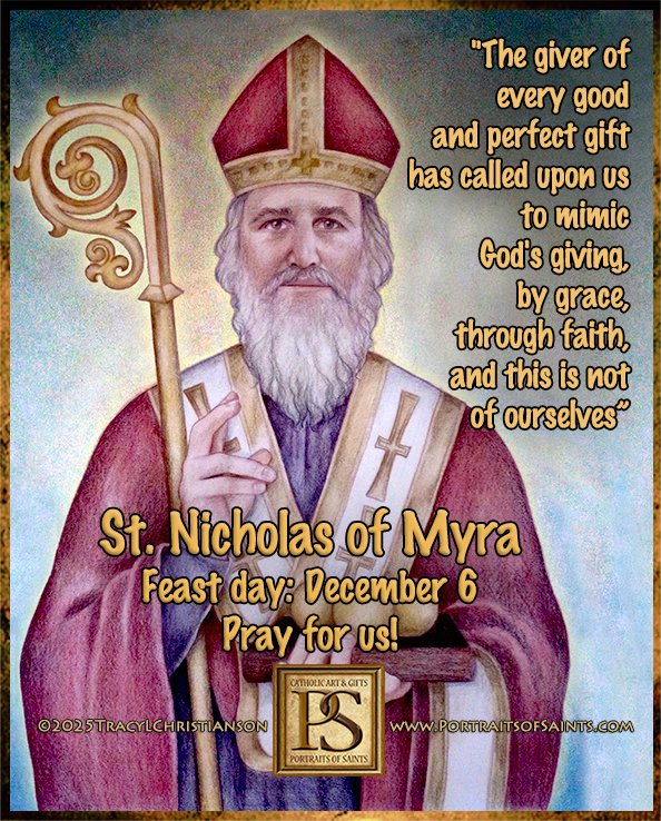 SaintPortraits's tweet photo. St. Nicholas of Myra, pray for us!  Known for his secret generosity, Nicholas would leave coins in the shoes people left outside. He was the prototype for the character Santa Claus. https://t.co/evuV8ES5Md https://t.co/D4A3b9BsYI
