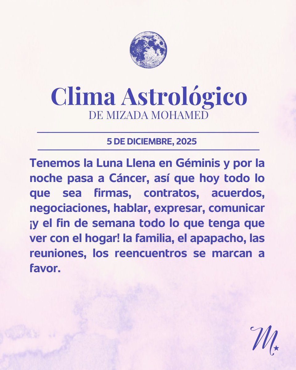🌟  Tenemos la Luna Llena en Géminis y por la noche pasa a Cáncer, así que hoy todo lo que sea firmas, contratos, acuerdos, negociaciones, hablar, comunicar ¡y el fin de semana todo lo que tenga que ver con el hogar!
 #HoróscoposdeMizada #HoróscoposdeHoy #HoróscopoDiario
