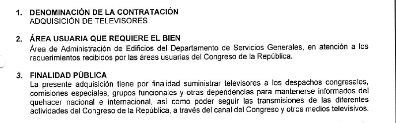 Mientras tanto, el Congreso inicia procedimiento para la compra de de 61 televisores smart, de 42", fabricados en 2025, y que les funcione Android, entre otras características. 
Las TVs estarán destinadas para los despachos congresales.comisiones y otras oficinas para que estén