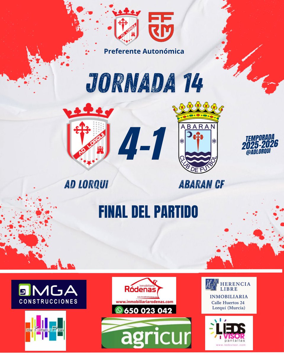 montecasil1766's tweet photo. ¡FINAL DEL PARTIDO EN EL JUAN DE LA CIERVA!!

AD Lorqui 4-1 Abaran CF

⚽️⚽️⚽️ Bastidas
⚽️ Juanan Villa

Gran trabajo de todo el equipo para sumar 3 puntos muy importantes. 

¡Vamos Lorquí! ❤️🤍 https://t.co/Ri9ZqhmlsT