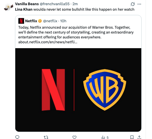 matthewstoller's tweet photo. Lina Khan is trending on Twitter and it's just people saying something along the lines of "Lina Khan would never let this Netflix deal happen" or "Save us Lina Khan" https://t.co/R8ciEK945b