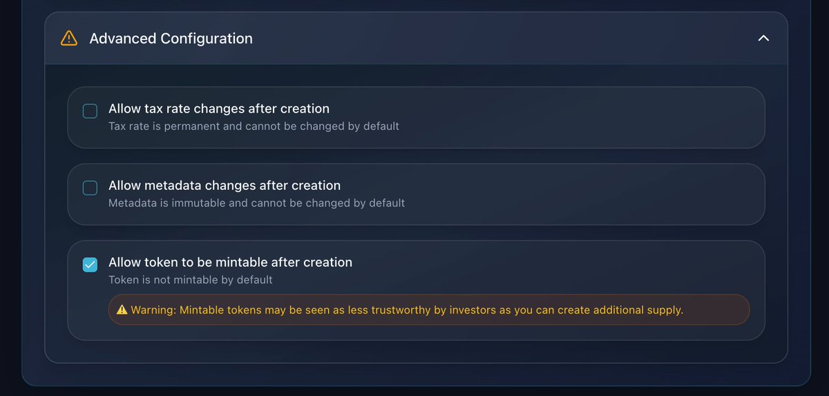 🔓 MINTABLE TOKENS - New Feature (Use Carefully) 🔓

We're adding optional mint authority retention, but we need to be honest:

FIXED SUPPLY (default):
✅ More trustworthy to investors
✅ No dilution risk
✅ Recommended for most projects

MINTABLE SUPPLY (opt-in):
✅ Flexibility