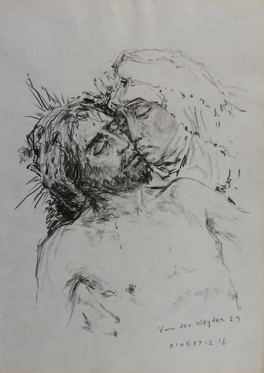 1987年【ヴァン・デル・ウェイデン作<ピエタ>の部分自由模写】14×10.1cm 紙に鉛筆
※10年前の藝大1年時の自由模写と同じ物を描いているが、乗りがだいぶ違う。 