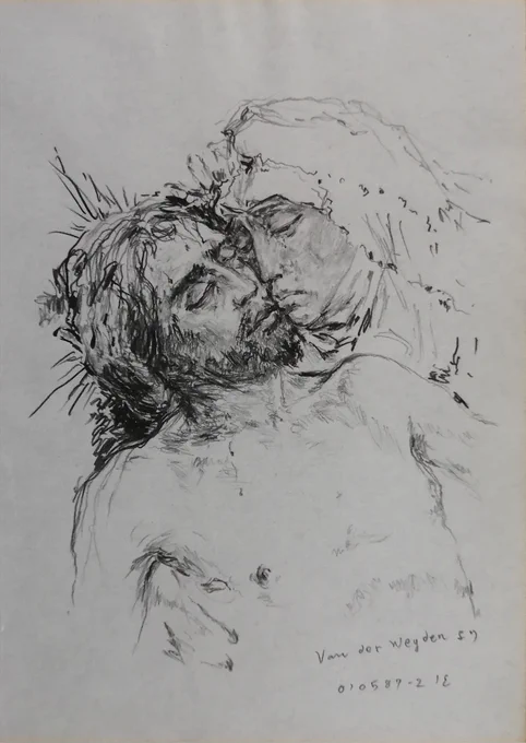 1987年【ヴァン・デル・ウェイデン作<ピエタ>の部分自由模写】14×10.1cm 紙に鉛筆
※10年前の藝大1年時の自由模写と同じ物を描いているが、乗りがだいぶ違う。 