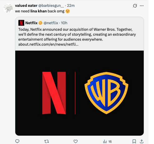 matthewstoller's tweet photo. Lina Khan is trending on Twitter and it's just people saying something along the lines of "Lina Khan would never let this Netflix deal happen" or "Save us Lina Khan" https://t.co/R8ciEK945b