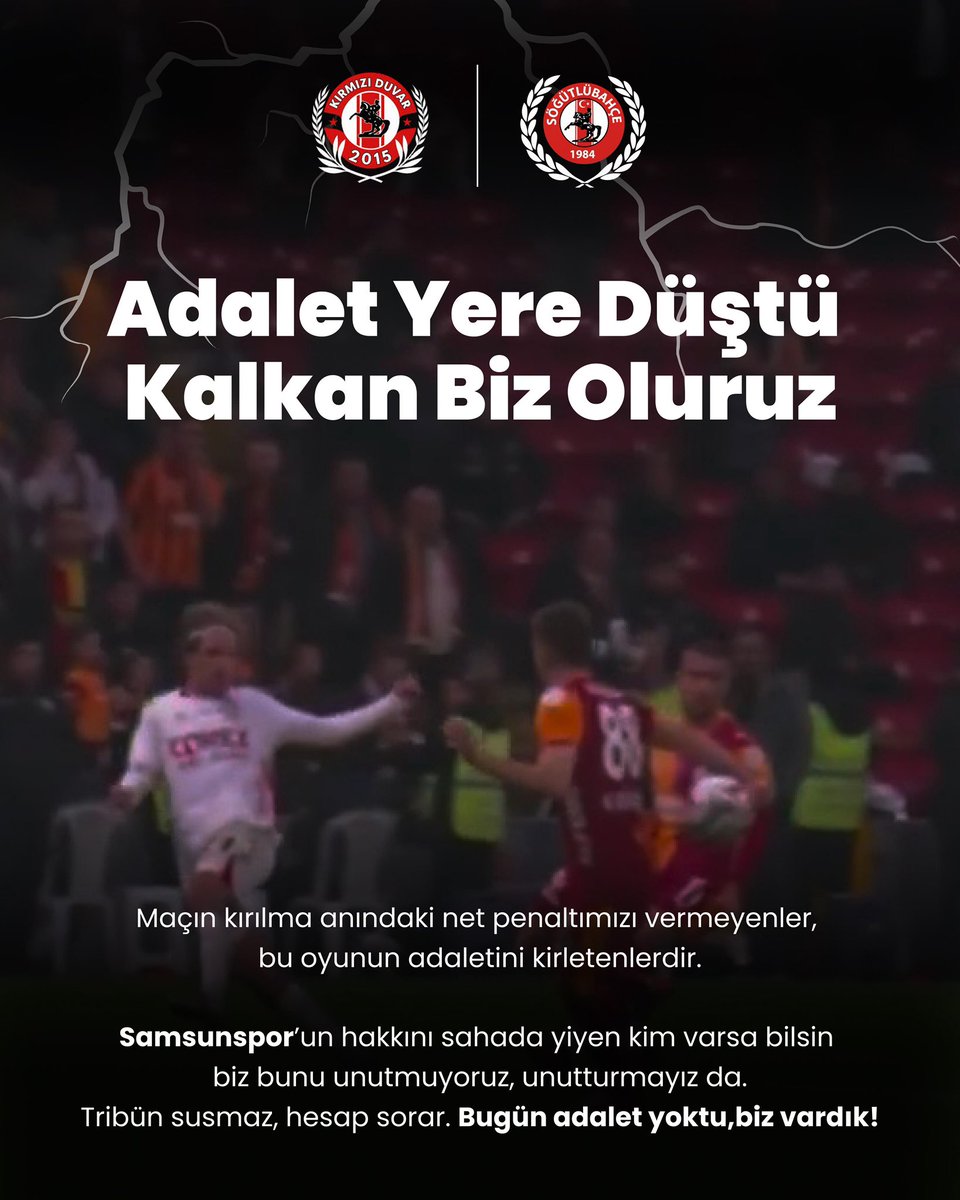 Sogutlubahce55's tweet photo. Adalet Yere Düştü, Kalkan Biz Oluruz

Maçın kırılma anındaki net penaltımızı vermeyenler, bu oyunun adaletini kirletenlerdir.
Samsunspor’un hakkını sahada yiyen kim varsa bilsin: Biz bunu unutmuyoruz, unutturmayız da.
Tribün susmaz, hesap sorar. Bugün adalet yoktu,biz vardık! https://t.co/okIKjYHScb