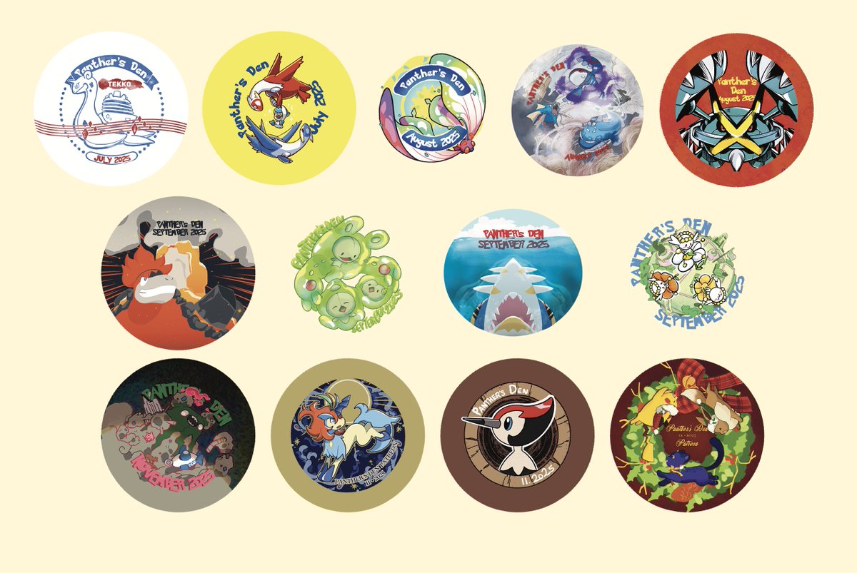 ooowyn's tweet photo. Long time no see! Throughout this year I've been doing some button designs for my local PokeGO group @pogopanthersden, and I wanted to post them all together! https://t.co/e9cWDMR0jW