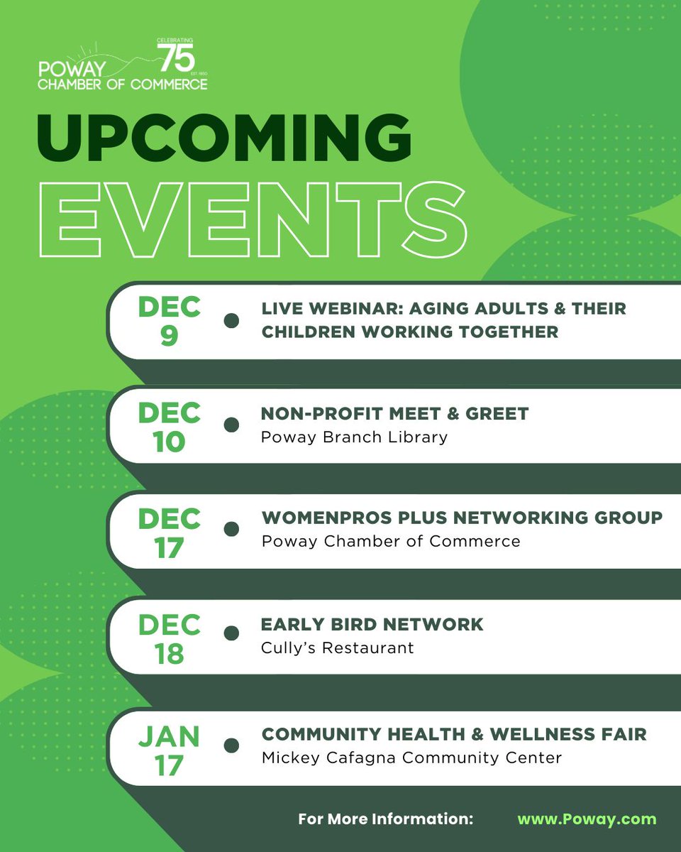 Don't miss out on all the exciting events happening this month! Stay informed and never miss a beat by checking out our Events Calendar. "Learn it. Love it. Live it." – Mike Leland, President &amp; CEO 💡

🔗 Explore upcoming events and register now: business.poway.com/events/calenda…