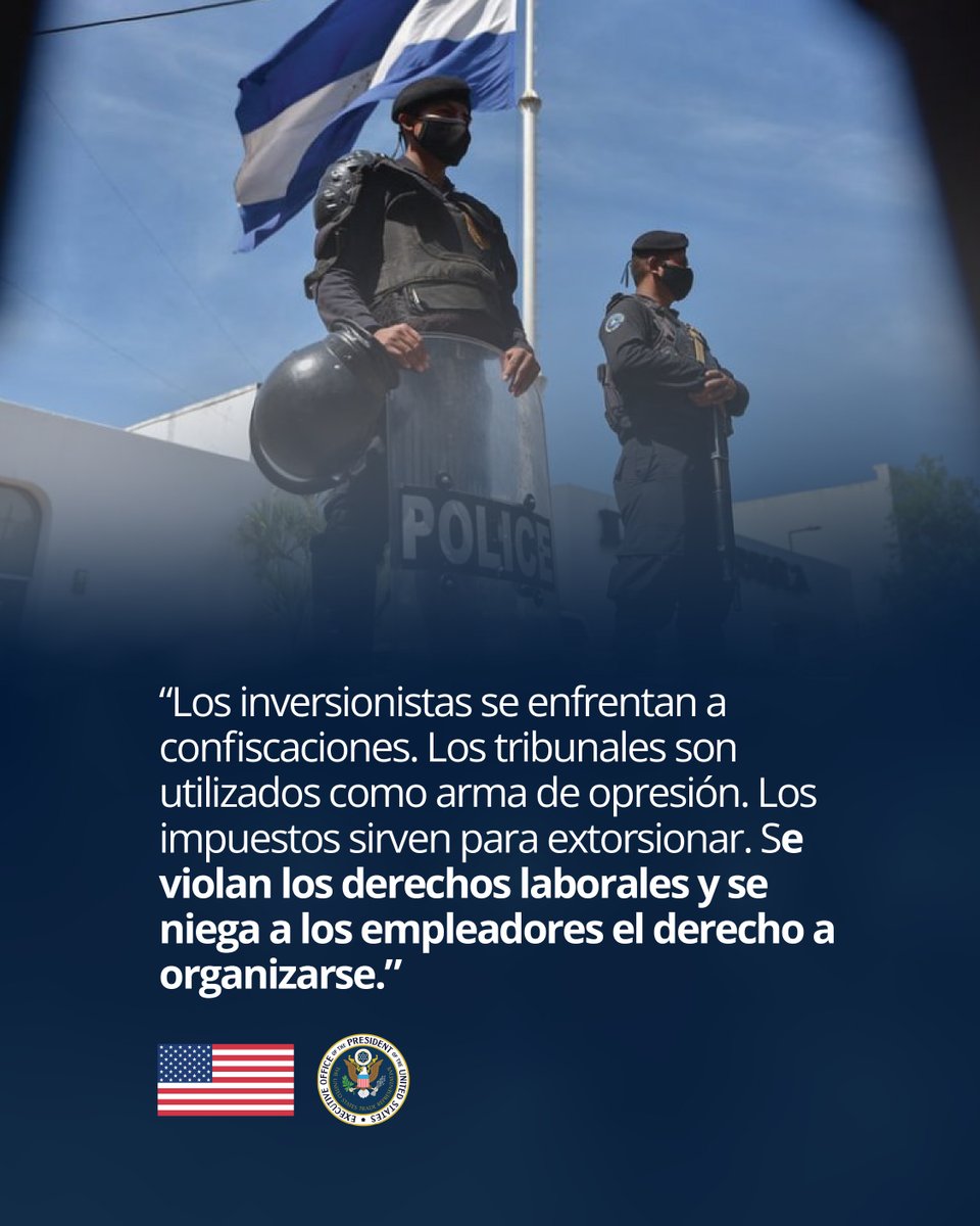 USEmbNicaragua's tweet photo. La investigación del Gobierno de los Estados Unidos sobre Nicaragua ha sacado a la luz patrones preocupantes que afectan a la población nicaragüense, especialmente en ámbitos críticos como los derechos humanos, los derechos laborales y el Estado de derecho.​

Deslicen y vean los testimonios de primera mano y pruebas descubiertas durante la investigación en la categoría del estado de derecho, incluyendo confiscaciones arbitrarias de propiedades y el desmantelamiento de instituciones democráticas que han erosionado las protecciones legales y la estabilidad de las familias y las empresas.
