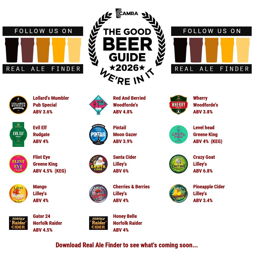 Lollards_Pit's tweet image. Fri Night Line Up⬇️
Beer Board: bit.ly/2op69fb
#goodbeerguide @CAMRA_Official #PubSpecial @WoodfordesBeer  @rudgatebrewery @moongazerale @greeneking @lilleyscider @RaiderCider 
#RealAleFinder
Ales change frequently 🎄
Show Camra membership for 10% off a pint 🍺