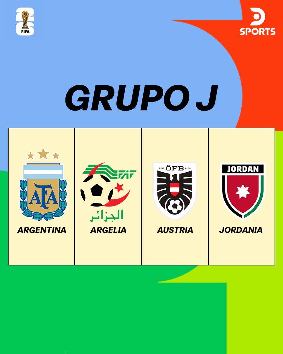 DSportsAR's tweet photo. ¡EL GRUPO DE ARGENTINA EN EL #MundialEnDSPORTS! 🇦🇷🤩

⚽️ La última campeona del mundo enfrentará a Argelia 🇩🇿, Austria 🇦🇹 y Jordania 🇯🇴 en el Grupo J.

¿Qué les parece? 🤔

#Mundial2026 | #Somos26 | #CopaMundialFIFA https://t.co/cRwXHTGG1u