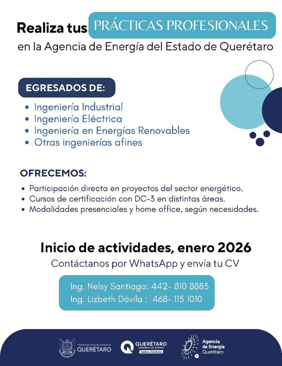 ¿Eres próximo egresado de Ingeniería?
En la Agencia de Energía del Estado de Querétaro estamos buscando talento para integrarse a nuestros equipos técnicos en Electricidad, Eficiencia Energética y Energías Renovables.