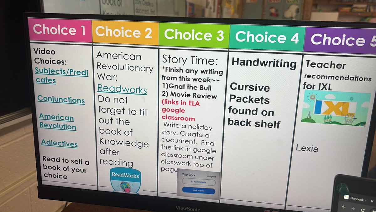 MrsSternberg's tweet photo. Choice Board Friday~~~Parts of speech videos, read a book, audio articles on American Revolution, cursive writing, writing/typing essays. @MelridgeElem #learningchoices https://t.co/bVGKDeoiuG