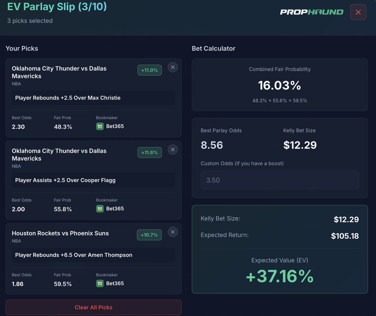 EV+ parlay opportunity spotted🎯

Three value legs → combined into an 8.56 odds parlay with +37.16% EV.

The tool handles the fair probability math while you build the slip 👇
