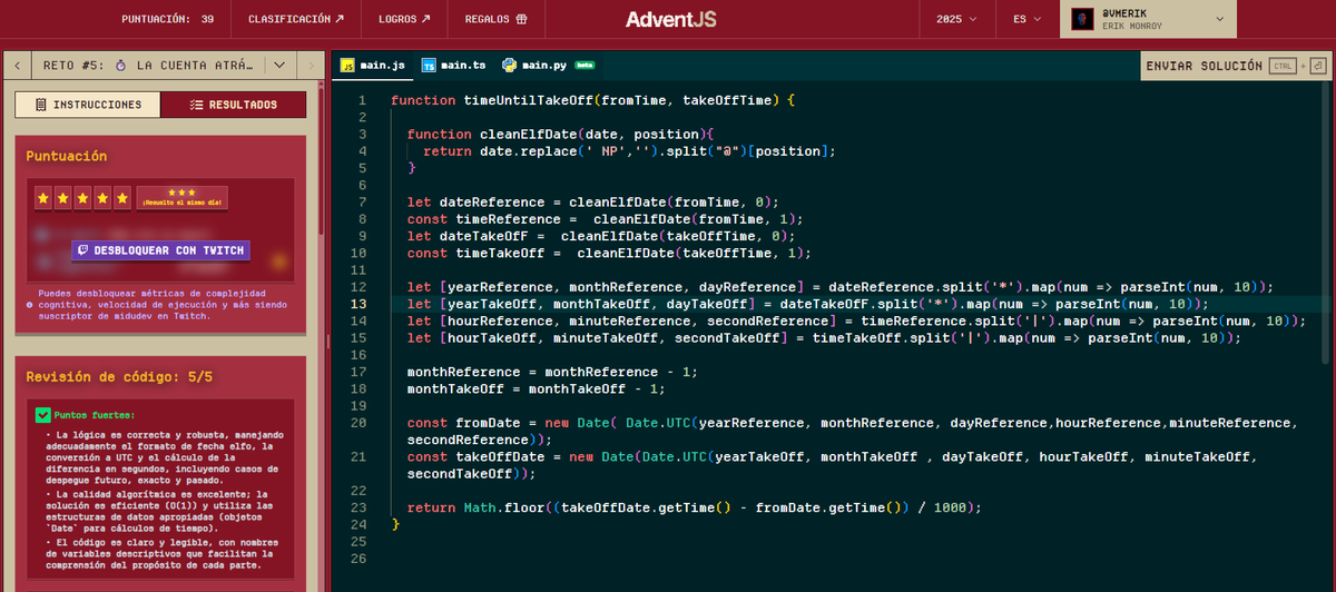 monroyaeu's tweet image. Reto 5 completado con 8 Estrellas ⭐
Este en lo personal me costo mas y a pesar de cumplir con el reto siento que hay una solucion mas optima, por lo que si ya lo resolviste me serviria compartieras tu solucion.

Te dejo aqui mi solución.
#JavaScrip #Adventjs #Coding #Code