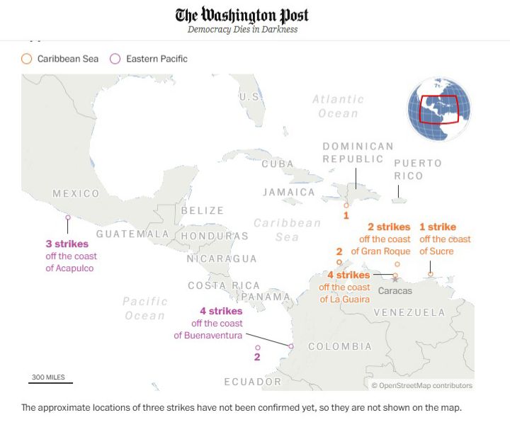 Washington Post publica mapa de los ataques extrajudiciales que comete Estados Unidos en aguas del Caribe.
Ubica uno en el sur de República Dominicana. 
washingtonpost.com/world/americas/