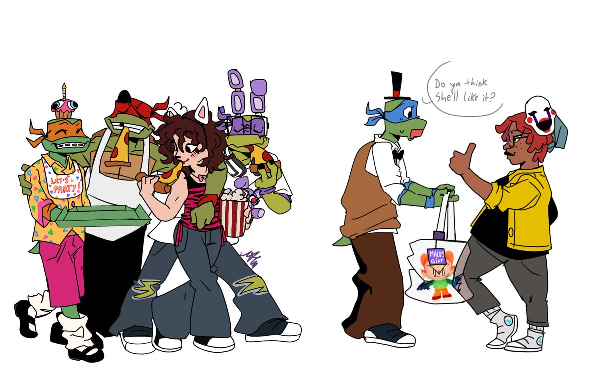 HAPPY BIRTHDAY TO MEEEE + tmnt + fnaf❗️❗️🔥
before even thinking about this drawing idea for my birthday, I first thought about drawing the turtles going to see the fnaf 2 movie, and then I combined my birthday date and, as a gift to myself, I drew myself interacting with them💜