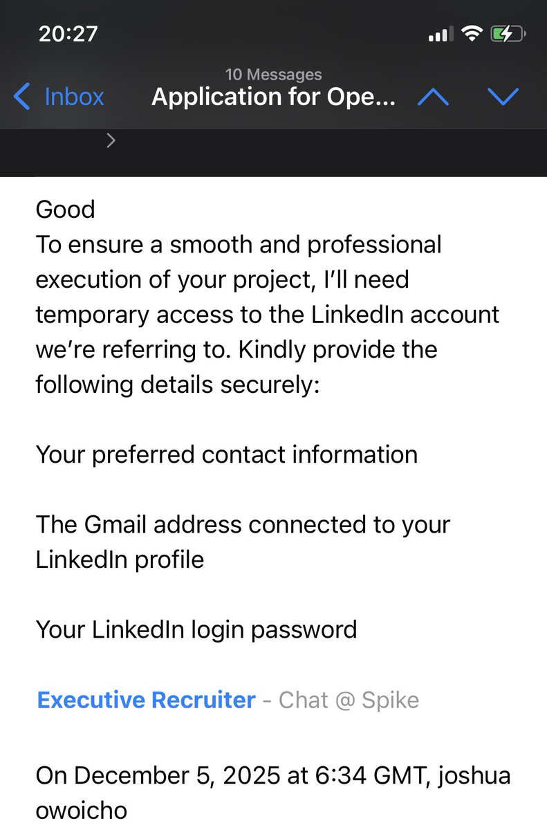 lol guys just beware of these kinds of job application scams (highly unlikely someone will fall for it tho)… They ask to optimize your resume and LinkedIn profile "at no cost"😇 but ask for details to your LinkedIn account 😂😭🤡. No thank you sir 🤣🙂‍↔️