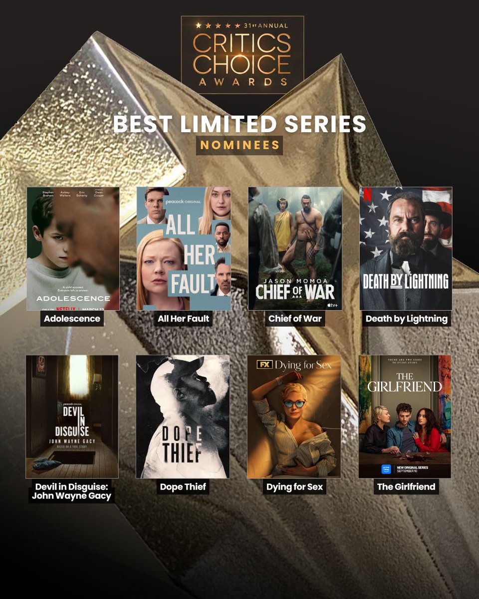 CriticsChoice's tweet image. Congratulations to our Critics Choice BEST LIMITED SERIES nominees! ⭐⭐⭐⭐
Find out who takes home the award at the star-studded 31st Annual Critics Choice Awards, LIVE on Sunday, January 4th, 2026 on @eentertainment and @usanetwork! ✨

#CriticsChoice #CriticsChoiceAwards
