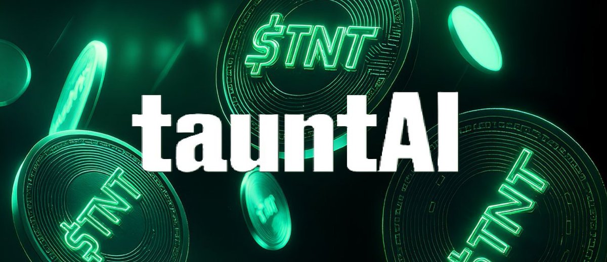 떠다니는 $TNT 토큰과 역동적인 TauntAI 로고가 포함된 미래지향적 디자인의 생동감 있는 녹색 디지털 아트