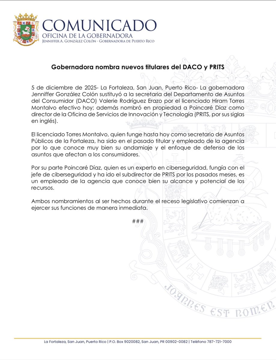 Comunicado de prensa | Gobernadora nombra nuevos titulares del DACO y PRITS