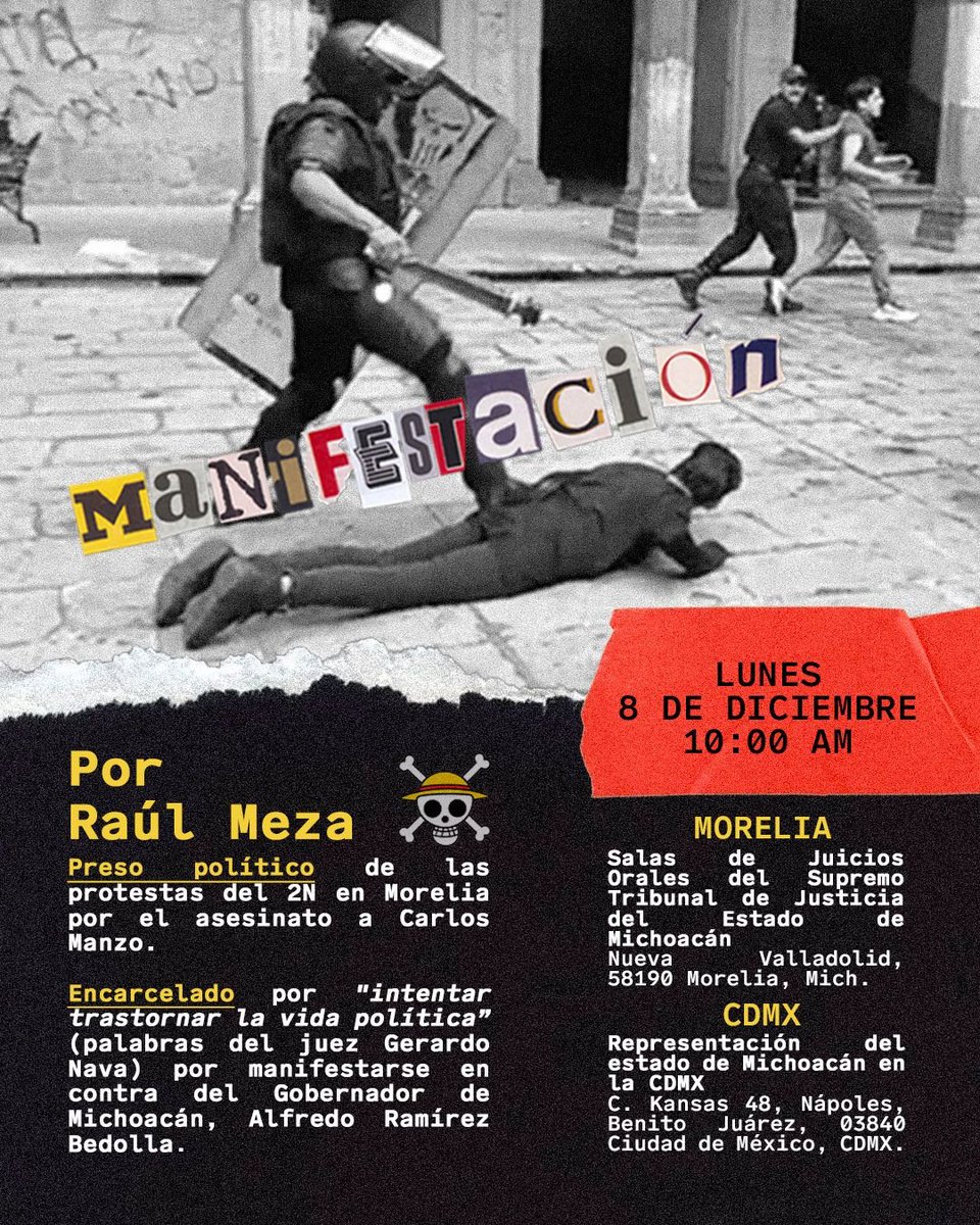 MiguelMezaC's tweet photo. Raúl Meza es un preso político de Alfredo Ramírez Bedolla.

Nos vemos el lunes a las 08:00 en la Representación del gobierno de Michoacán en la CDMX para exigir su liberación inmediata.

Vamos a estar repartiendo stickers de @narcopoliticos_.

En Morelia pueden acompañar a la familia de Raúl a las 10:00, donde será su audiencia de apelación.

Lleva más de un mes detenido.