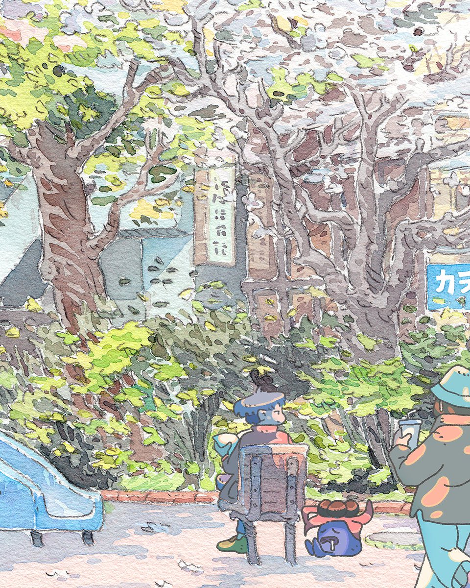 danfortiz's tweet photo. Hice esta ilustración inspirada en una escena de primavera en un parque de Ikebukuro. Fondo pintado en acuarela 🎨 https://t.co/apnjIxROPo