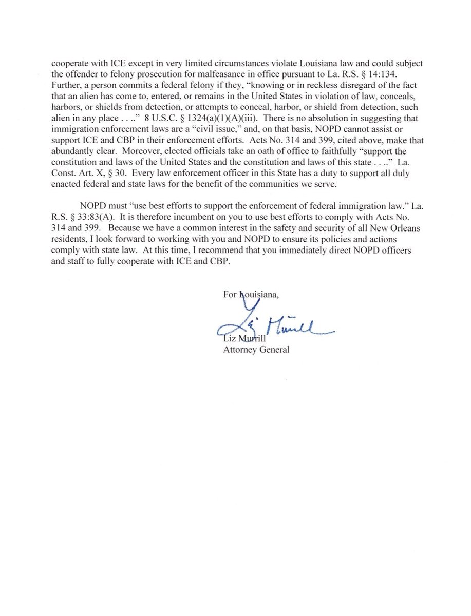BREAKING: Louisiana AG Liz Murrill has sent a letter to Superintendent of the New Orleans Police, Anne Kirkpatrick, instructing her to IMMEDIATELY direct NOPD officers and staff to "fully cooperate with ICE and CBP."

This comes after Superintendent Kirkpatrick made public