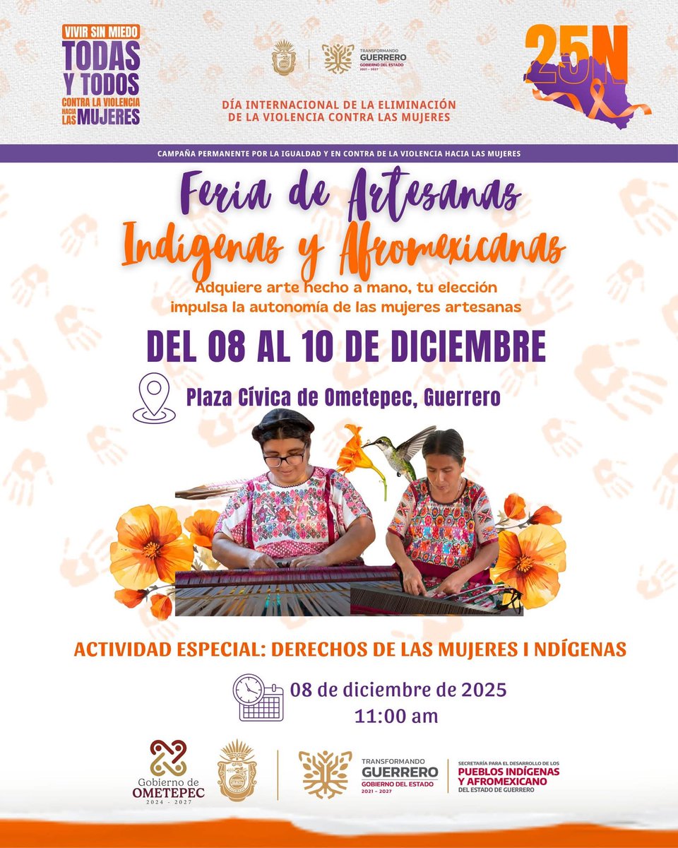 En el marco de los 16 Días de Activismo por el Día Internacional de la Eliminación de la Violencia contra las Mujeres, el <a href="/Gob_Guerrero/">Gobierno de Guerrero</a>, a través de la SEDEPIA, te invita a la  "𝐹𝑒𝑟𝑖𝑎 𝑑𝑒 𝐴𝑟𝑡𝑒𝑠𝑎𝑛𝑎𝑠 𝐼𝑛𝑑𝑖́𝑔𝑒𝑛𝑎𝑠 𝑦 𝐴𝑓𝑟𝑜𝑚𝑒𝑥𝑖𝑐𝑎𝑛𝑎𝑠"

Información 👇