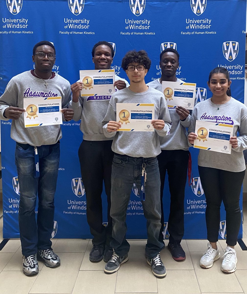 AssumptionH's tweet photo. Congrats to ACS students Obeida Ben Hassan, Isaiah Olugbusi,Junior Essilfie-Amoah, Amisha Suresh &amp; John Thontteh for winning first (1st place) at the 4th Annual Sport Management &amp; Leadership Competition hosted by the Faculty of Human Kinetics at @UWindsor @WECDSB @WindsorLancers https://t.co/e4cBAloRPs