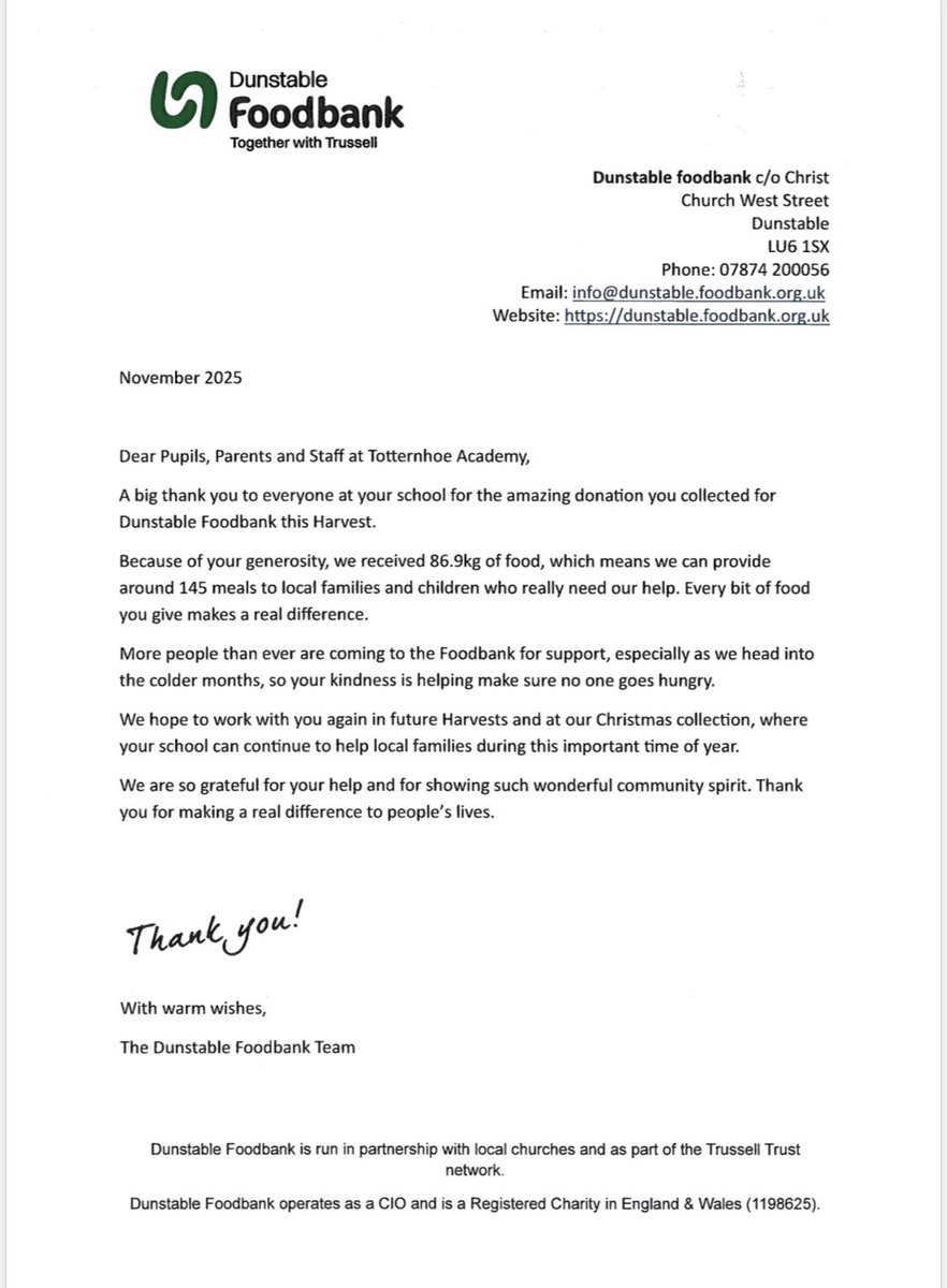 TotternhoeCE's tweet photo. A huge thank you to everyone who donated to our Harvest Festival appeal. Dunstable Foodbank were so grateful for all the food and wanted us to share this letter with you all. https://t.co/lQHdqKuo2F