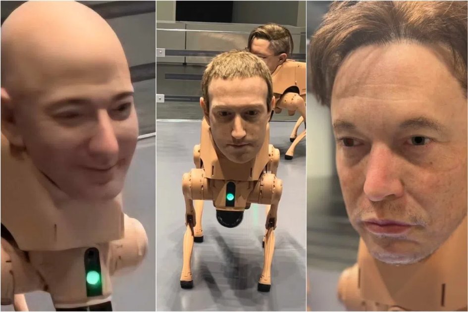 desiraithm's tweet photo. Robot dogs with famous faces-Musk, Warhol, Picasso, and more-roamed Art Basel Miami, creating NFT "poop art" in Beeple's surreal exploration of tech, art, and our digital future!  https://t.co/yTxKDxM4qG https://t.co/X5V2kalwGV